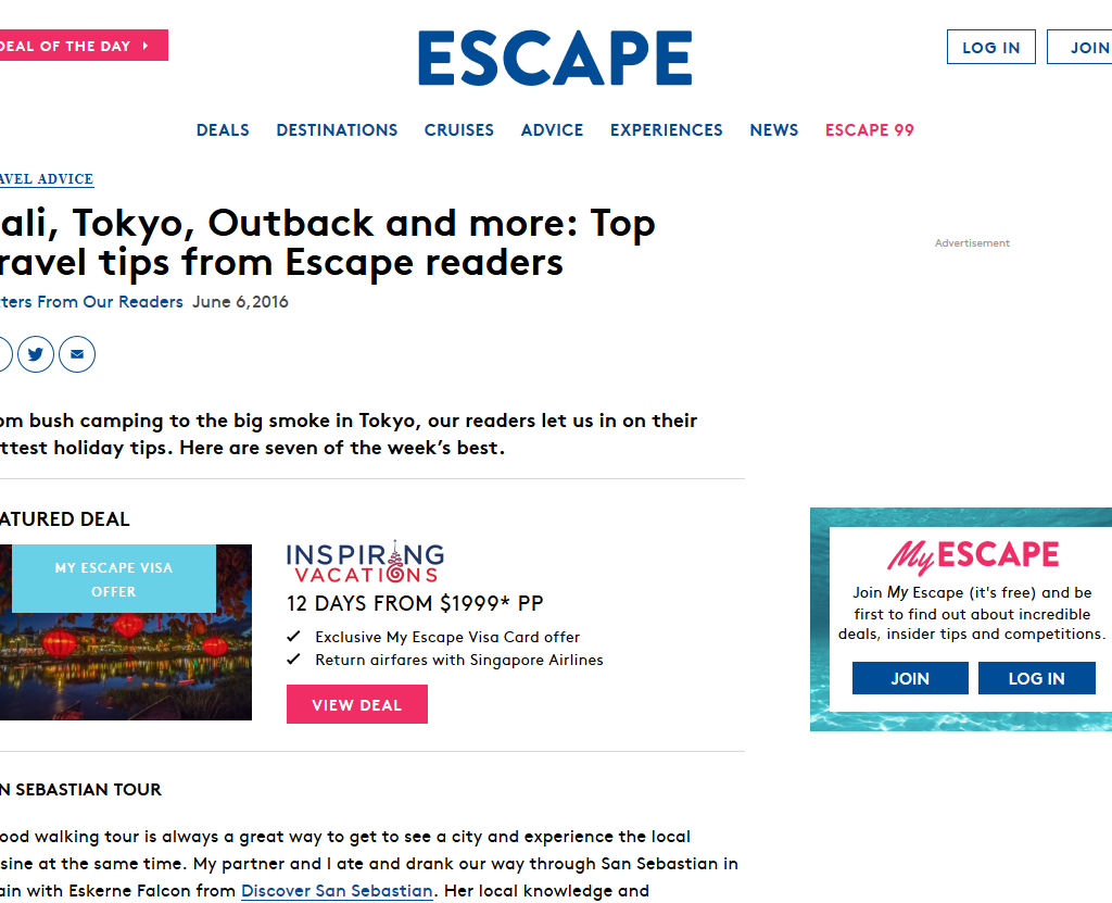 Bali, Tokyo, Outback, cruises with kids Top travel tips from Escape readers